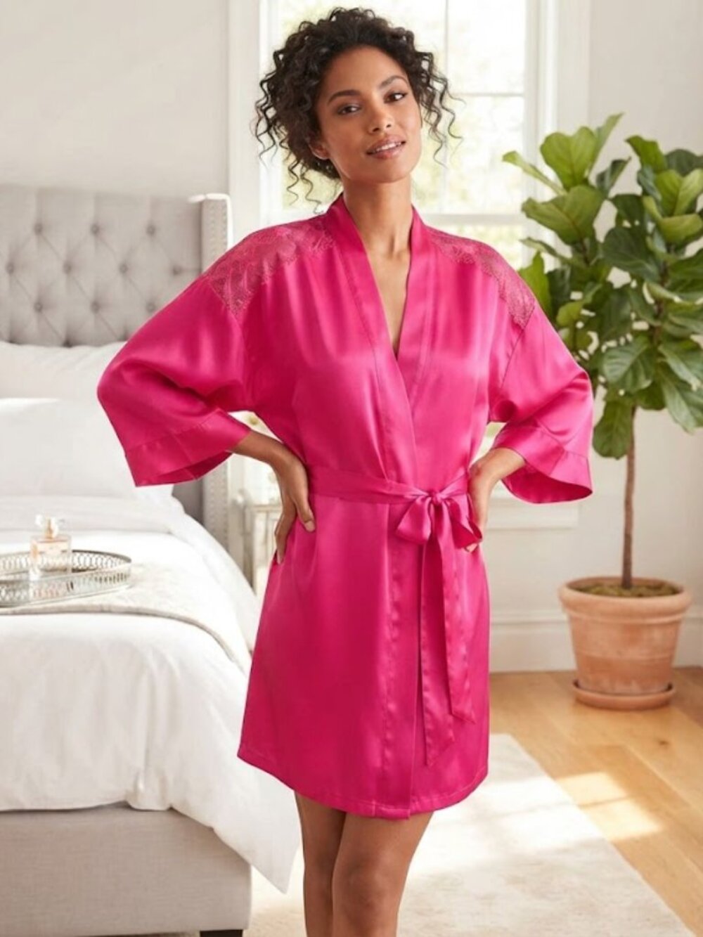 VS Hot Pink Satin Kimono Robe XS/S